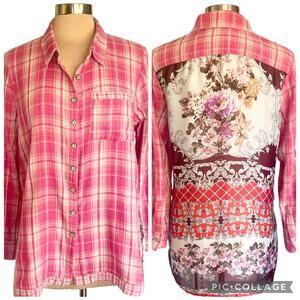 Aratta Silent Journey Mixed Media Flannel Chiffon Button Up Shirt Boho LARGE